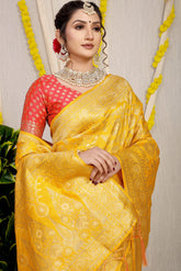 Stunning Cyber Yellow Golden Zari Worked Heavy Banarasi Saree